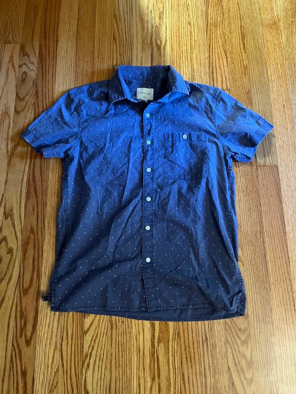 American Eagle Mens S Flex Short Sleeve Button Up Shirt Navy Print